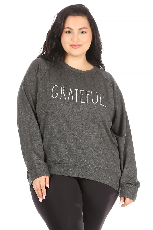 Women's "GRATEFUL" Plus Size Studio Raglan Sweatshirt Hoodie with Hem Frayed Vintage Worn Women's "GRATEFUL" Plus Size Studio Raglan Sweatshirt Hoodie with Hem Frayed Vintage Worn
