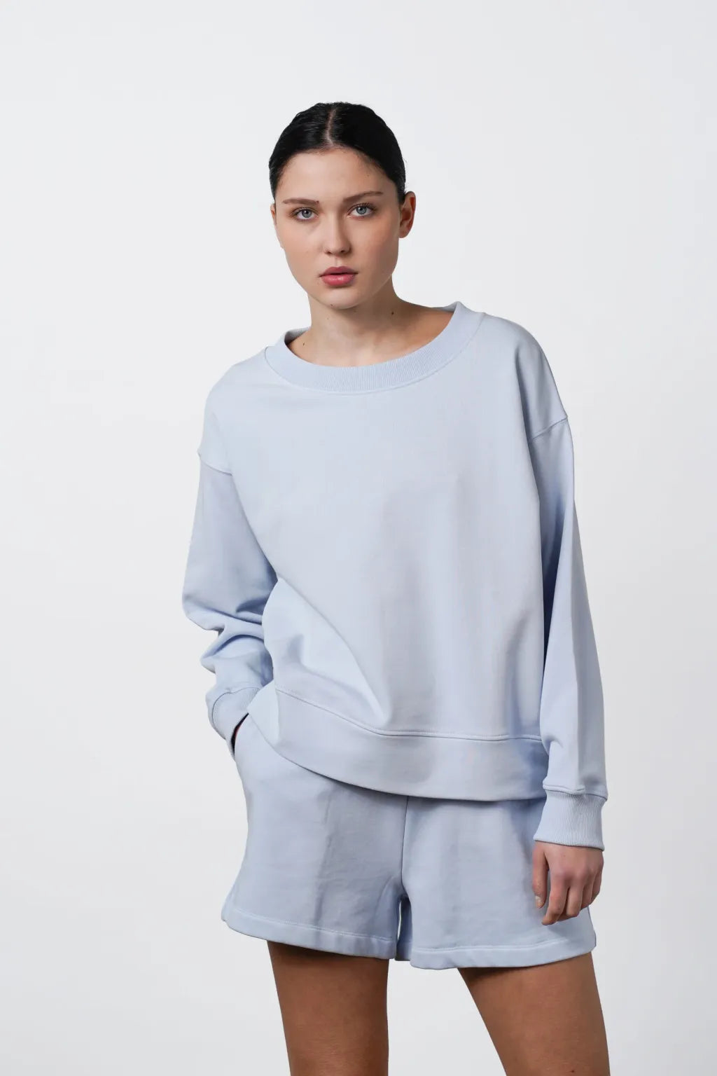 Ruth Sweatshirt Pale Blue Hoodie with Tied Waist Feminine Flattering