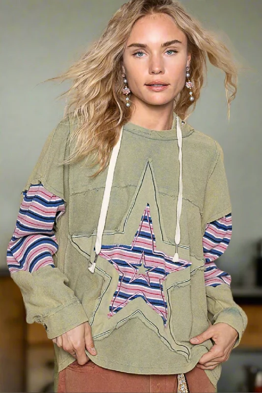 POL Hoodie French Terry Star Patchwork Raw Seam Oversized Top Hippie Boho Shirt Hoodie with Bell Sleeves Flared Feminine POL Hoodie French Terry Star Patchwork Raw Seam Oversized Top Hippie Boho Shirt Hoodie with Bell Sleeves Flared Feminine