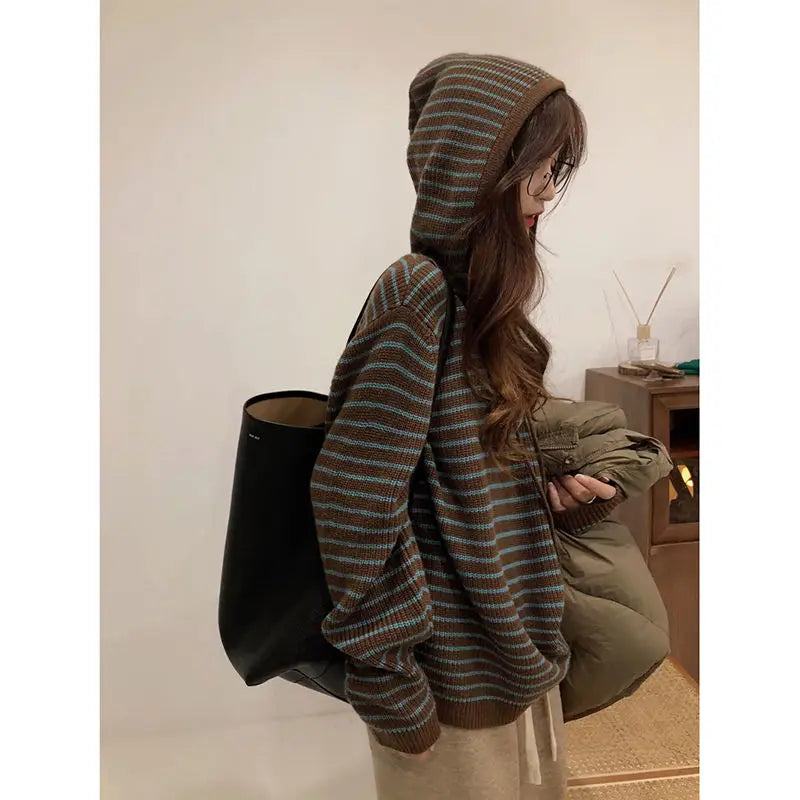 Wjczt Vintage Striped Brown Sweater Women Harajuku Korean Style Knit Tops Hoodies Oversize Casual Female Long Sleeves Pullover Jumper Hoodie with Double Zipper Versatile Adjustable Wjczt Vintage Striped Brown Sweater Women Harajuku Korean Style Knit Tops Hoodies Oversize Casual Female Long Sleeves Pullover Jumper Hoodie with Double Zipper Versatile Adjustable