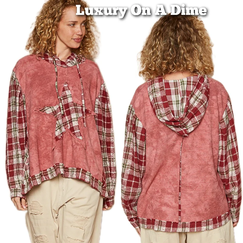 POL Hoodie Waffle Knit Star Patchwork Plaid Pullover Top Oversized Bohemian Shirt Hoodie with Ribbed Neckline Snug Warm POL Hoodie Waffle Knit Star Patchwork Plaid Pullover Top Oversized Bohemian Shirt Hoodie with Ribbed Neckline Snug Warm