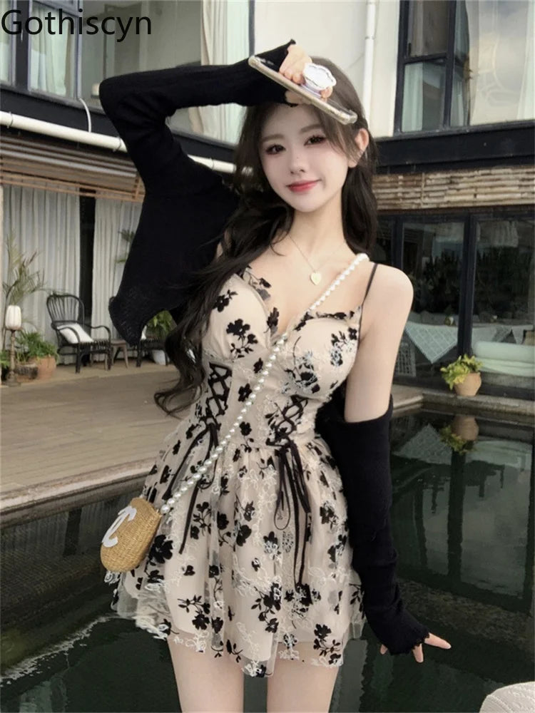 Yipinpay Long Sleeve Knit Cardigan Crop Coat Two-piece Dress Ladies Drawstring Floral V-neck French Suspender Robe Suit Women Bright Pastel Dark Yipinpay Long Sleeve Knit Cardigan Crop Coat Two-piece Dress Ladies Drawstring Floral V-neck French Suspender Robe Suit Women Bright Pastel Dark