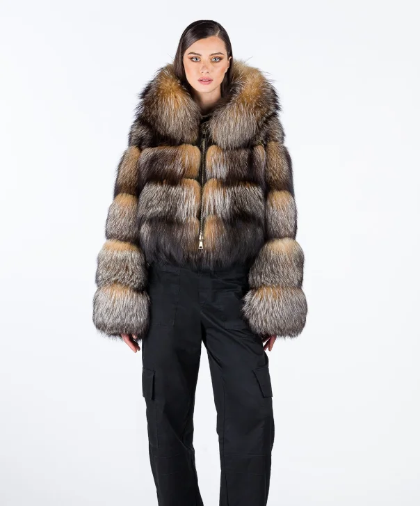 Women's Caramel Brown Hooded Fox Fur Jacket A-Line Jacket Boat Neck Shawl Collar