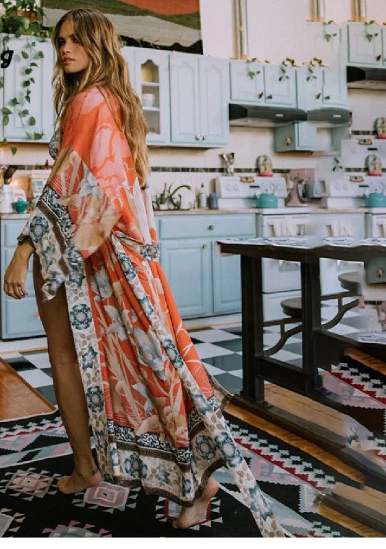 Kimono Orange Print Floral Loose Long Cardigan Zippered Front Buttoned Front Snap Front Kimono Orange Print Floral Loose Long Cardigan Zippered Front Buttoned Front Snap Front
