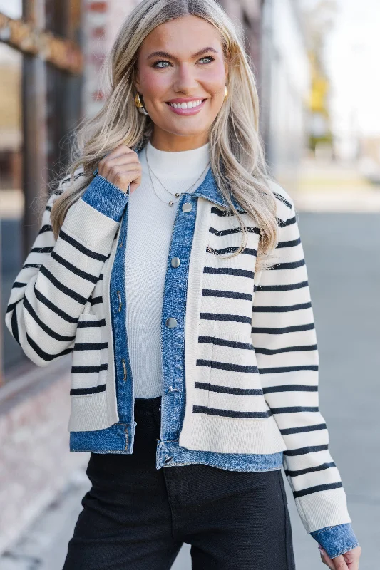 Make Your Choice Cream Striped Cardigan Jacket Spandex Blend Rayon Blend Denim Blend Make Your Choice Cream Striped Cardigan Jacket Spandex Blend Rayon Blend Denim Blend