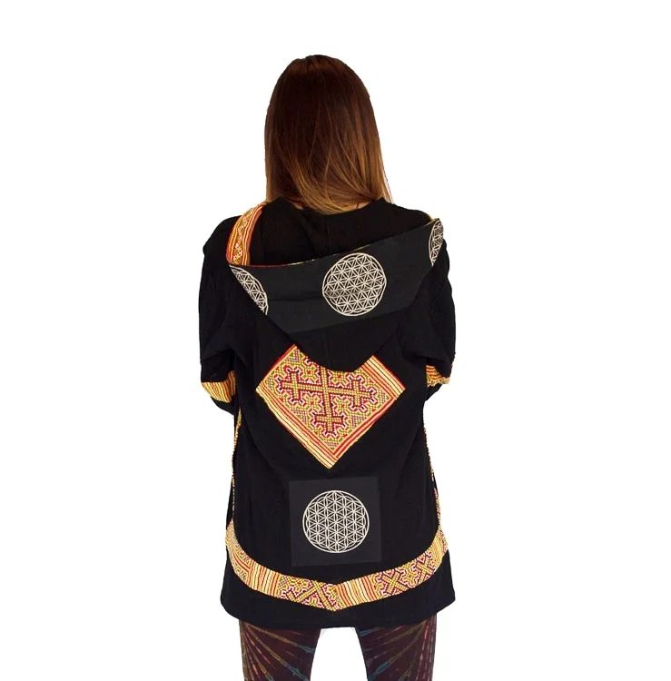 Tribal Flower of Life Jacket with a back patch in Black Print Jacket Jacquard Jacket Embroidered Jacket Tribal Flower of Life Jacket with a back patch in Black Print Jacket Jacquard Jacket Embroidered Jacket