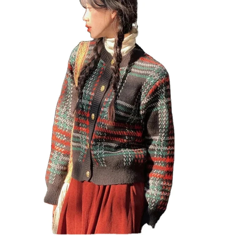 2024 Spring ladies long sleeve elegant cardigan classic crew neck plaid high quality sweater coat Spandex Rayon Corduroy 2024 Spring ladies long sleeve elegant cardigan classic crew neck plaid high quality sweater coat Spandex Rayon Corduroy