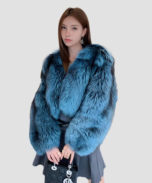 Women's Blue Dyed Silver Fox Fur Jacket Faux Fur Fabric Real Fur Fabric Shearling Fabric Women's Blue Dyed Silver Fox Fur Jacket Faux Fur Fabric Real Fur Fabric Shearling Fabric