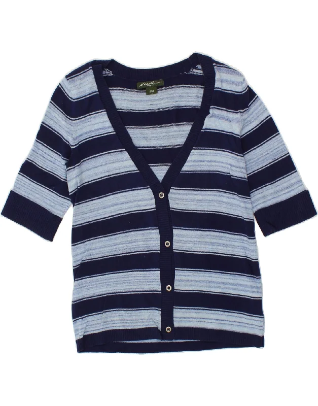 EDDIE BAUER Womens Short Sleeve Cardigan Sweater UK 12 Medium Blue Striped Embroidered Appliqued Beaded EDDIE BAUER Womens Short Sleeve Cardigan Sweater UK 12 Medium Blue Striped Embroidered Appliqued Beaded