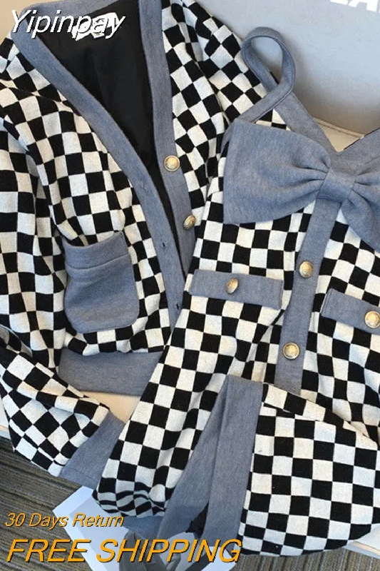 Yipinpay Black White Checkerboard Coat Short Cardigan Casual 2Piece Sets Retro Bow Spaghetti Strap Plaid Dress Bodycon Outfits Notch Collar Peter Pan Collar Cowl Neck Yipinpay Black White Checkerboard Coat Short Cardigan Casual 2Piece Sets Retro Bow Spaghetti Strap Plaid Dress Bodycon Outfits Notch Collar Peter Pan Collar Cowl Neck