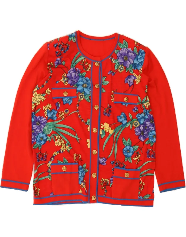 VINTAGE Womens Cardigan Sweater UK 16 Large Red Floral Wool Stretchy Elastic Breathable VINTAGE Womens Cardigan Sweater UK 16 Large Red Floral Wool Stretchy Elastic Breathable