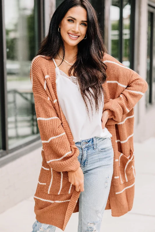 This Is The Answer Camel Brown Striped Cardigan Casual Formal Business
