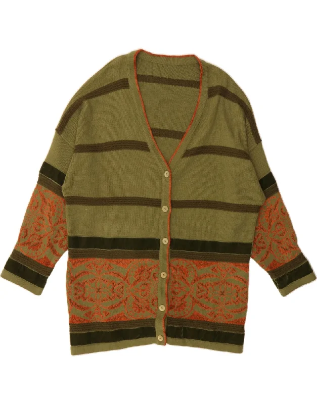 VINTAGE Womens Longline Cardigan Sweater UK 14 Medium Green Striped Stretchy Elastic Breathable VINTAGE Womens Longline Cardigan Sweater UK 14 Medium Green Striped Stretchy Elastic Breathable