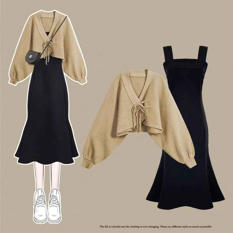 Yipinpay Women's Autumn Winter Fashion Knitted Sweater Coat+Strap Dress Two Piece Korean Elegant Short Cardigan Midi Skirt Matching Set Satin Blend Silk Blend Wool Blend Yipinpay Women's Autumn Winter Fashion Knitted Sweater Coat+Strap Dress Two Piece Korean Elegant Short Cardigan Midi Skirt Matching Set Satin Blend Silk Blend Wool Blend