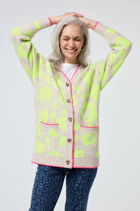 Oatmeal with Neon Yellow Mega Leopard Longline Jacquard Cardigan Mesh Cardigan Canvas Denim Oatmeal with Neon Yellow Mega Leopard Longline Jacquard Cardigan Mesh Cardigan Canvas Denim