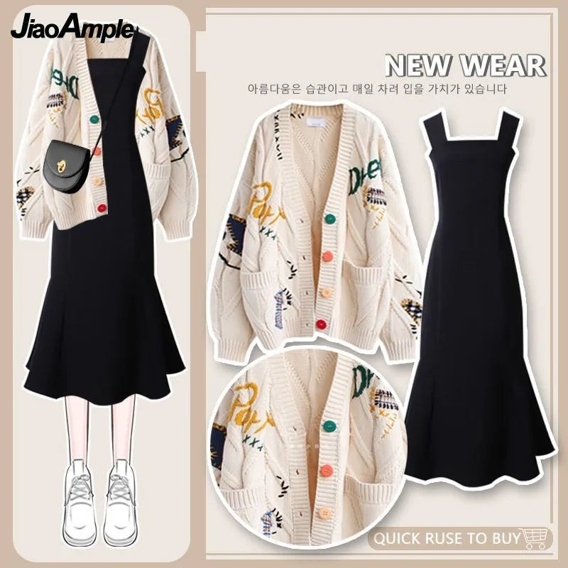 Yipinpay Autumn/Winter New Loose Knitted Sweater+Black Dress Two Piece Women's Korean Elegant Cardigan Sling Skirt Matching Set Sequined Glittery Shiny Yipinpay Autumn/Winter New Loose Knitted Sweater+Black Dress Two Piece Women's Korean Elegant Cardigan Sling Skirt Matching Set Sequined Glittery Shiny