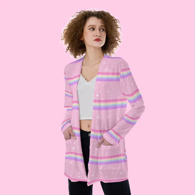Kawaii Sparkle Cake Rainbow Beam Open Front Lightweight Cardigan With Pockets Boat Neck Shawl Collar Notched Collar Kawaii Sparkle Cake Rainbow Beam Open Front Lightweight Cardigan With Pockets Boat Neck Shawl Collar Notched Collar