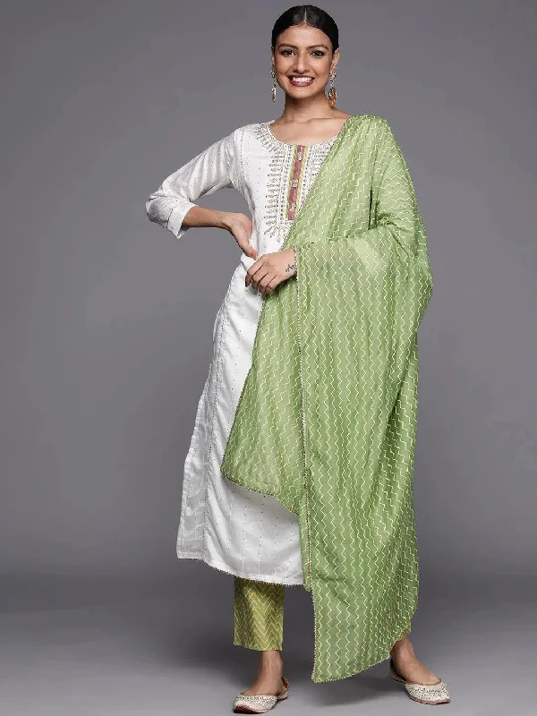 Cream Embroidered Chanderi Silk Straight Kurta With Trousers & Dupatta Trousers sophisticated sleek Cream Embroidered Chanderi Silk Straight Kurta With Trousers & Dupatta Trousers sophisticated sleek