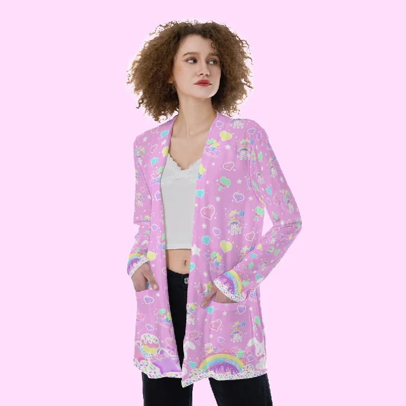 Rainbow Sweets Pink Open Front Lightweight Cardigan With Pockets Layered Multi-layer Single Layer Rainbow Sweets Pink Open Front Lightweight Cardigan With Pockets Layered Multi-layer Single Layer
