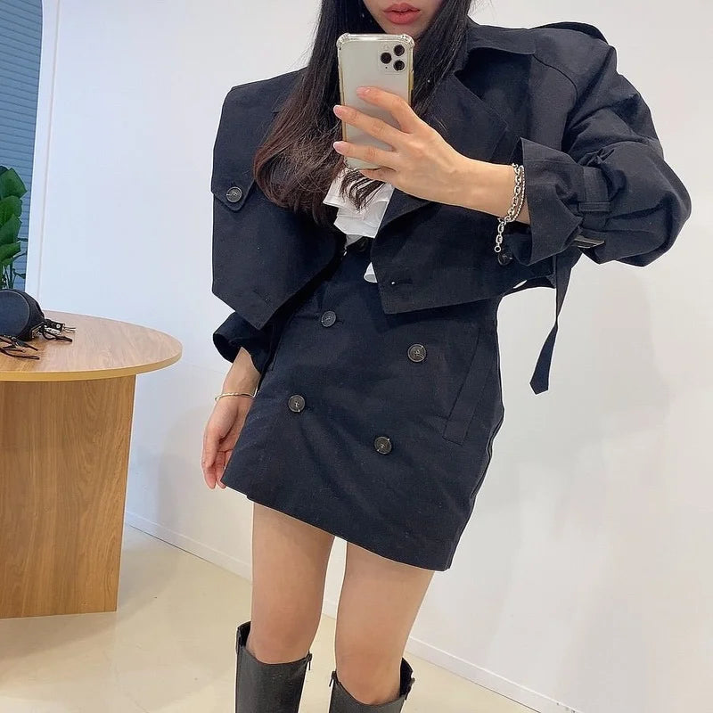 Yipinpay Vintage Long Sleeve Lapel Double-breasted Trench Coat Women Short Khaki Cardigan Tops Sexy Black Mini Skirts Dress Sets Suits Hooded Caped Shawl Collar Yipinpay Vintage Long Sleeve Lapel Double-breasted Trench Coat Women Short Khaki Cardigan Tops Sexy Black Mini Skirts Dress Sets Suits Hooded Caped Shawl Collar