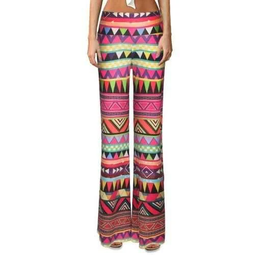 Ethnic Elastic Waist Triangle Pattern Women's Flare Leg Pants - S Casual Plaid Pants Ethnic Elastic Waist Triangle Pattern Women's Flare Leg Pants - S Casual Plaid Pants