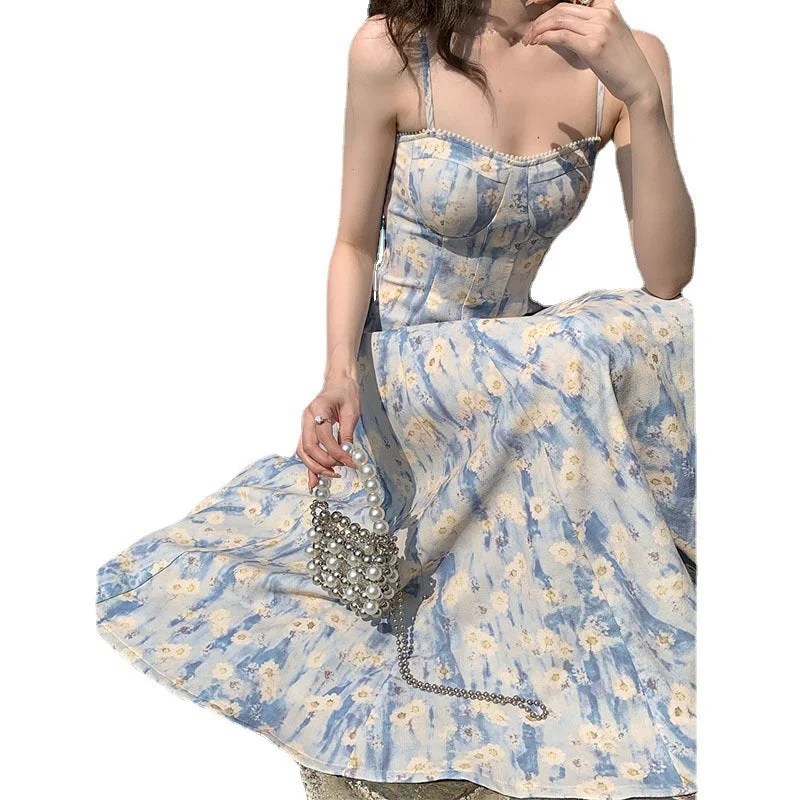 2023 Retro French Style White Blue Floral Print Sling Dress Women Corset Style Midi Robe Elegant Ladies Clothes Summer Cardigan Sequined Glittery Shiny 2023 Retro French Style White Blue Floral Print Sling Dress Women Corset Style Midi Robe Elegant Ladies Clothes Summer Cardigan Sequined Glittery Shiny