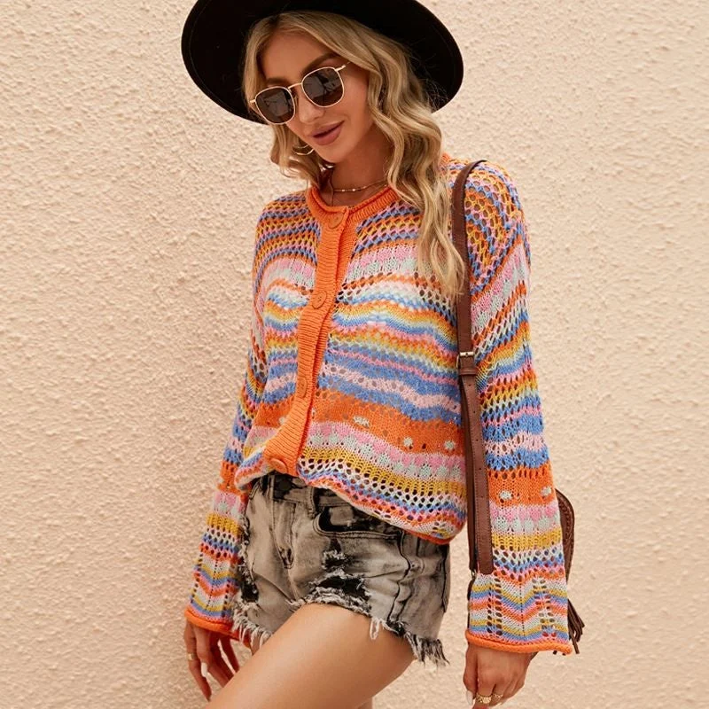 Elegant Versatile Top Long Sleeve Rainbow Striped Sweater Loose Round Neck Hollow Out Cardigan Front Pockets Side Pockets Patch Pockets Elegant Versatile Top Long Sleeve Rainbow Striped Sweater Loose Round Neck Hollow Out Cardigan Front Pockets Side Pockets Patch Pockets
