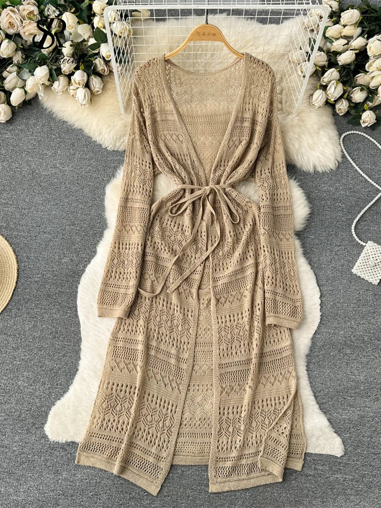 Yipinpay Bohemian Casual Summer Cardigan Dress Women Long Sleeve Hollow Out Thin Fashion Vacation Midi Long Knitted Dresses Casual Formal Business Yipinpay Bohemian Casual Summer Cardigan Dress Women Long Sleeve Hollow Out Thin Fashion Vacation Midi Long Knitted Dresses Casual Formal Business