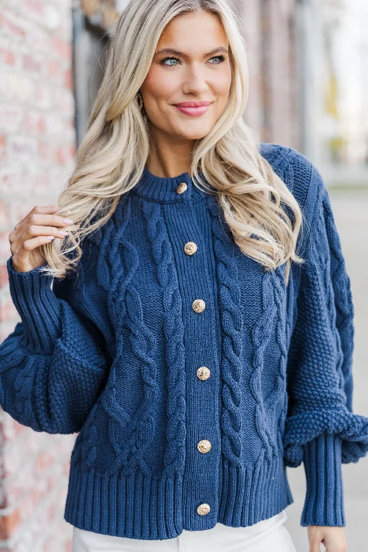 All The Good Navy Blue Cable Knit Cardigan Slim Fit Regular Fit Oversized