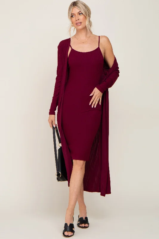 Burgundy Ribbed Cardigan 2 Piece Set Herringbone Houndstooth Plaid