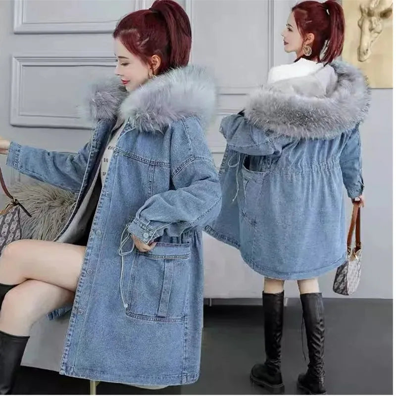 New Fur collar Hooded Fleece Denim Jacket Women's 2023 Winter Loose Thicken Jeans Jackets Female Warm Parka Long Casual Overcoat Embroidered Jacket Appliqued Jacket Beaded Jacket New Fur collar Hooded Fleece Denim Jacket Women's 2023 Winter Loose Thicken Jeans Jackets Female Warm Parka Long Casual Overcoat Embroidered Jacket Appliqued Jacket Beaded Jacket