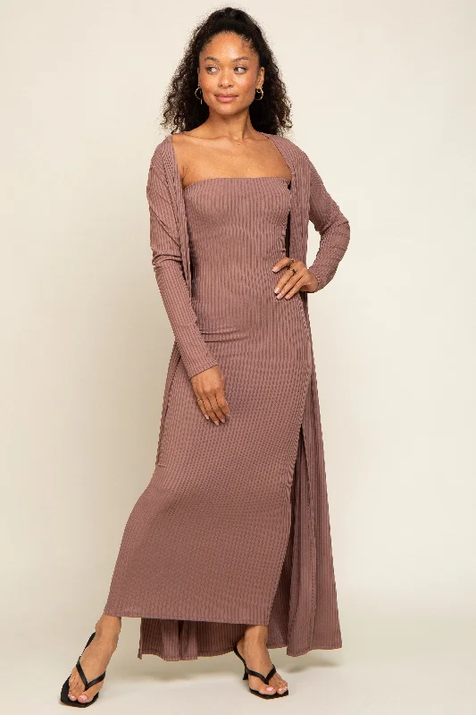 Mocha Ribbed Sleeveless Dress Cardigan Set Velvet Chenille Corduroy