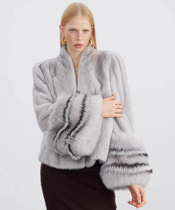 Grey Mink Fur Jacket with Fox Fur Cuffs Ribbed Jacket Pleated Jacket Ruffled Jacket