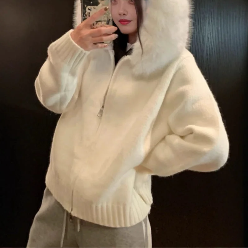 Vireous Fur Hooded Short Women's Fashion Knitted Cardigan Long Cardigan Short Cardigan Medium Cardigan Vireous Fur Hooded Short Women's Fashion Knitted Cardigan Long Cardigan Short Cardigan Medium Cardigan