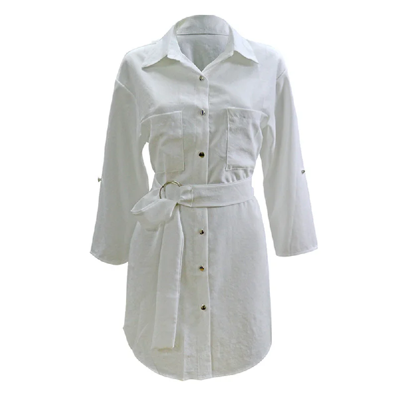 Yipinpay Popular Style Summer Belt Cardigan Solid Color Pull-Sleeved Shirt Dress Front Pockets Side Pockets Patch Pockets Yipinpay Popular Style Summer Belt Cardigan Solid Color Pull-Sleeved Shirt Dress Front Pockets Side Pockets Patch Pockets