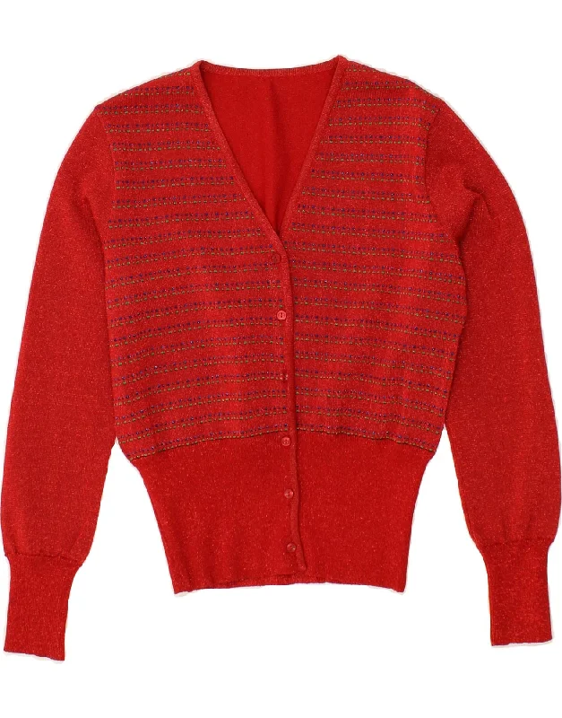VINTAGE Womens Cardigan Sweater UK 16 Large Red Striped Chenille Brocade Lace