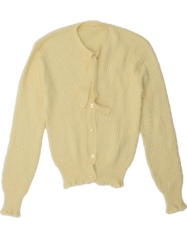 VINTAGE Womens Front Tie Cardigan Sweater UK 12 Medium Yellow Transparent Opaque Sheer VINTAGE Womens Front Tie Cardigan Sweater UK 12 Medium Yellow Transparent Opaque Sheer