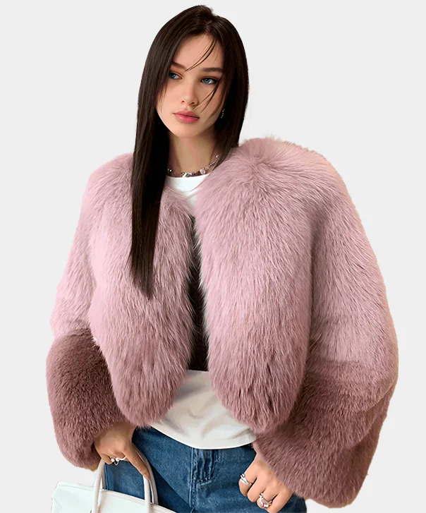 Women's Short ‘Rogue’ Gradient Fox Fur Jacket Denim Fabric Leather Fabric Suede Fabric Women's Short ‘Rogue’ Gradient Fox Fur Jacket Denim Fabric Leather Fabric Suede Fabric