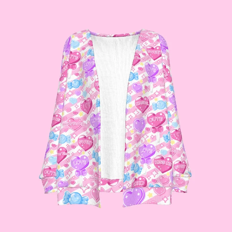 Candy Love Hearts (Colorful Cutie) Women's Open Front Cardigan Fleece Fabric Down Fabric Feather Fabric Candy Love Hearts (Colorful Cutie) Women's Open Front Cardigan Fleece Fabric Down Fabric Feather Fabric