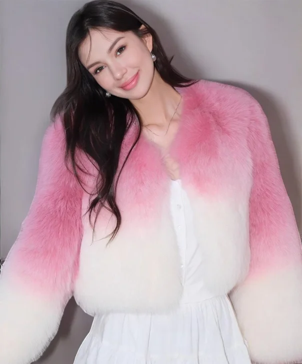Women's Short Pink & White Gradient Fox Fur Jacket Rayon Fabric Velvet Fabric Corduroy Fabric Women's Short Pink & White Gradient Fox Fur Jacket Rayon Fabric Velvet Fabric Corduroy Fabric