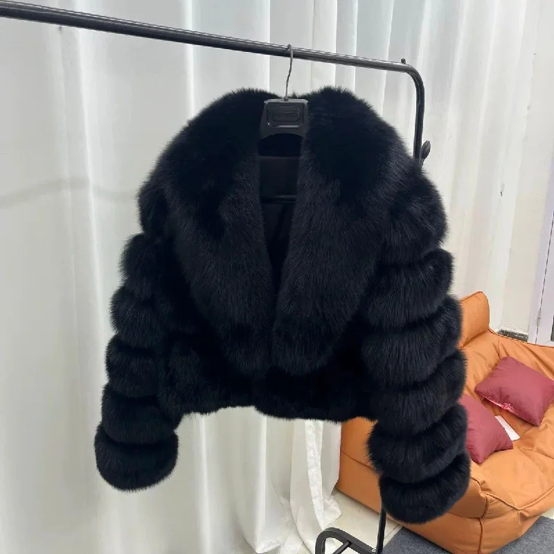 Women's Shawl Collar Black Fox Fur Jacket Snapped Jacket Toggled Jacket Drawstring Jacket Women's Shawl Collar Black Fox Fur Jacket Snapped Jacket Toggled Jacket Drawstring Jacket
