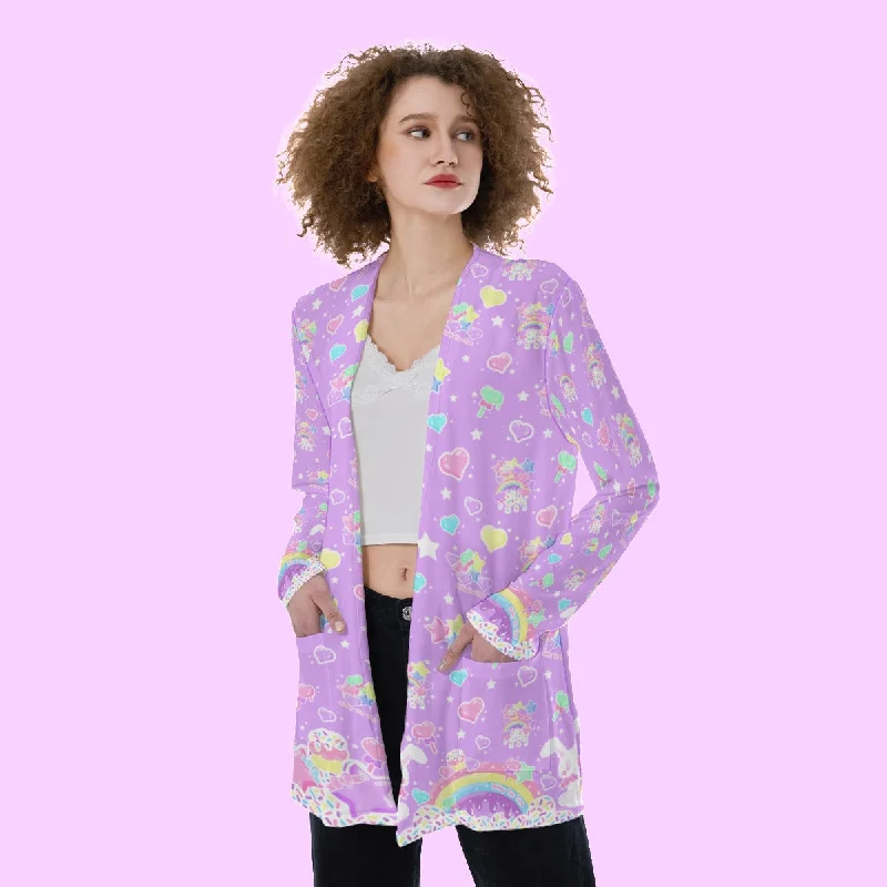 Rainbow Sweets Purple Open Front Lightweight Cardigan With Pockets Transparent Opaque Sheer Rainbow Sweets Purple Open Front Lightweight Cardigan With Pockets Transparent Opaque Sheer
