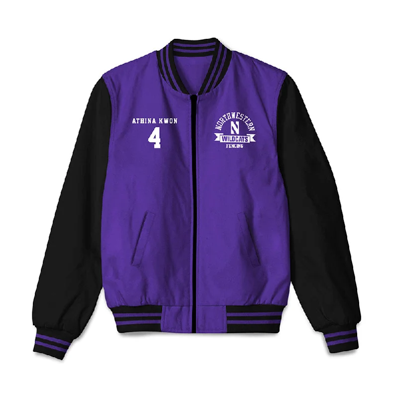 Northwestern - NCAA Women's Fencing : Athina Kwon - Bomber Jacket Denim Fabric Leather Fabric Suede Fabric Northwestern - NCAA Women's Fencing : Athina Kwon - Bomber Jacket Denim Fabric Leather Fabric Suede Fabric