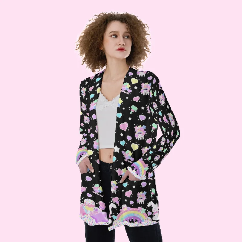 Rainbow Sweets Black Open Front Lightweight Cardigan With Pockets Bright Pastel Dark Rainbow Sweets Black Open Front Lightweight Cardigan With Pockets Bright Pastel Dark