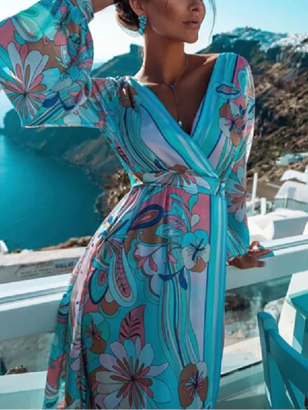 Beach Style Women Autumn Long Sleeve Elegant Party Dress Sexy Lady Deep V Neck Split Long Dress Retro Flower Print Loose Vestido Tunics Prom sequined Beach Style Women Autumn Long Sleeve Elegant Party Dress Sexy Lady Deep V Neck Split Long Dress Retro Flower Print Loose Vestido Tunics Prom sequined