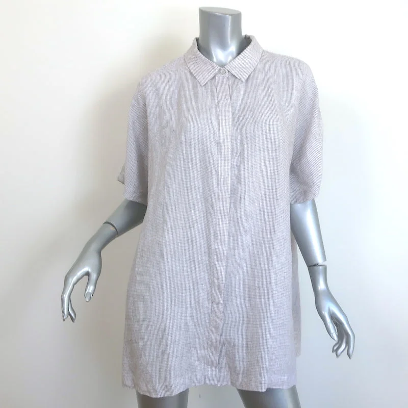 Eileen Fisher Classic Collar Checked Shirt White Crinkled Linen Size Large NEW Hooded Caped Shawl Collar Eileen Fisher Classic Collar Checked Shirt White Crinkled Linen Size Large NEW Hooded Caped Shawl Collar