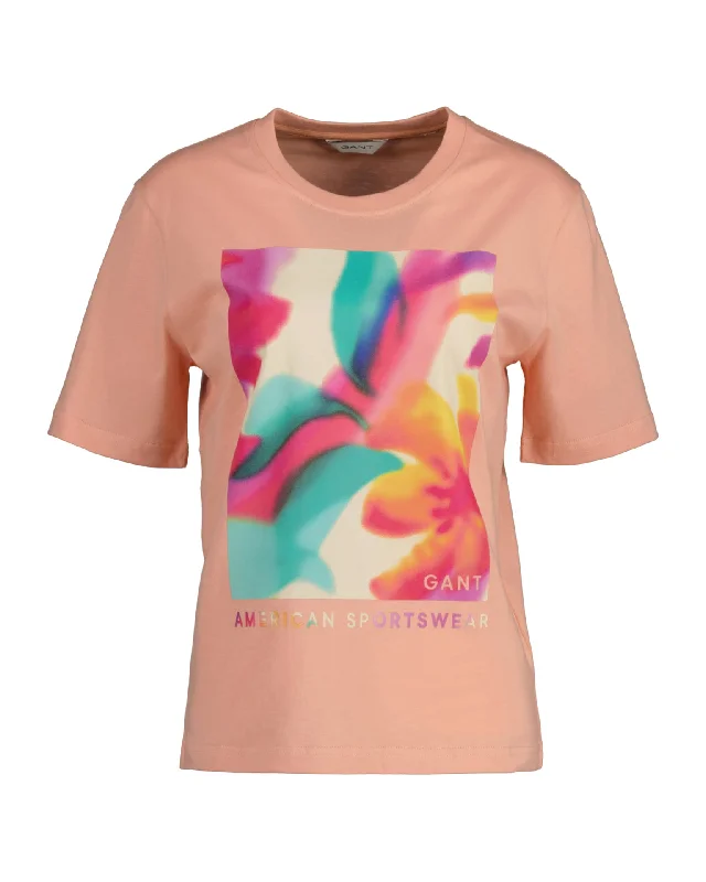 Floral Graphic T-Shirt - Guava Orange Welt Pockets Slit Pockets Flap Pockets