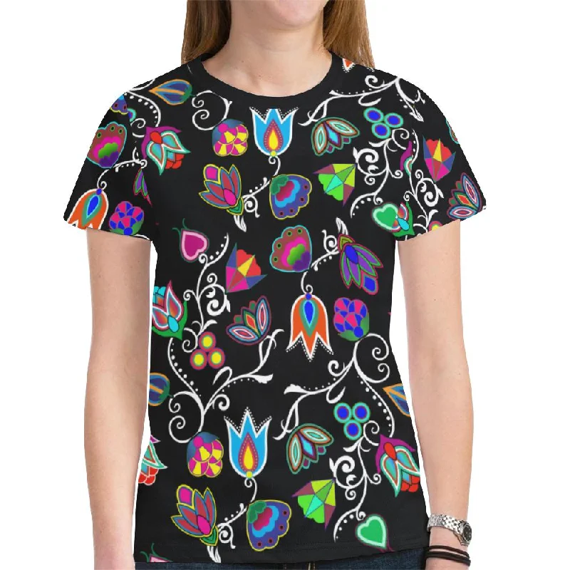 Indigenous Paisley Black T-shirt for Women Mesh Fabric Canvas Fabric Denim Fabric