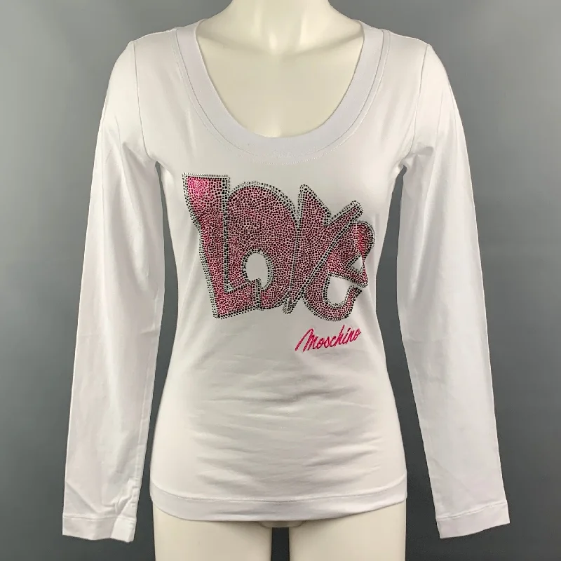 LOVE MOSCHINO Size 4 White Pink Cotton / Elastane Rhinestones Long Sleeves T-Shirt Faux Fur Fabric Real Fur Fabric Shearling Fabric LOVE MOSCHINO Size 4 White Pink Cotton / Elastane Rhinestones Long Sleeves T-Shirt Faux Fur Fabric Real Fur Fabric Shearling Fabric