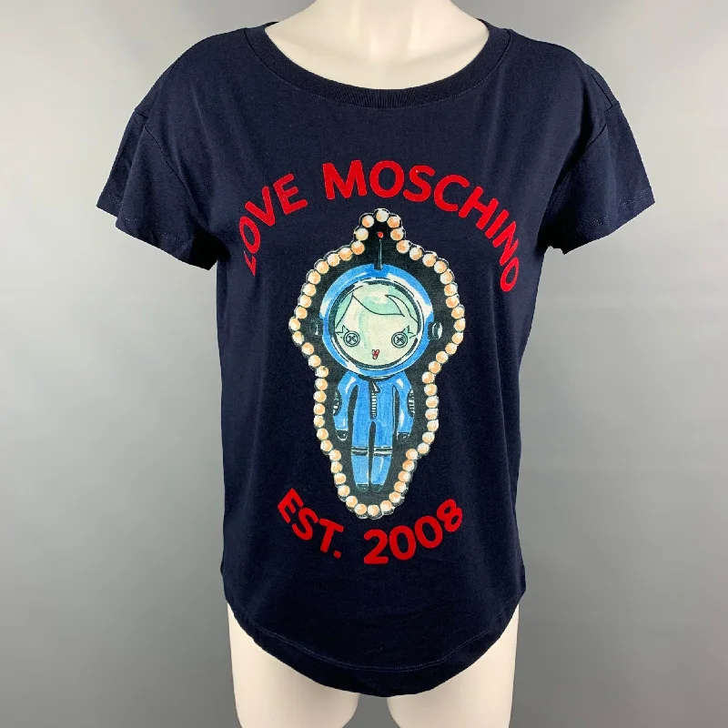 LOVE MOSCHINO Size 6 Navy Multicolour Cotton Astronaut Velvet Graphic T-Shirt Spandex Blend Rayon Blend Denim Blend LOVE MOSCHINO Size 6 Navy Multicolour Cotton Astronaut Velvet Graphic T-Shirt Spandex Blend Rayon Blend Denim Blend